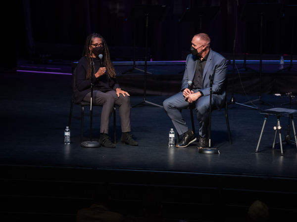 Nikky Finney (left) and Michael Abels in conversation during a preview in South Carolina on Nov. 7, 2021.