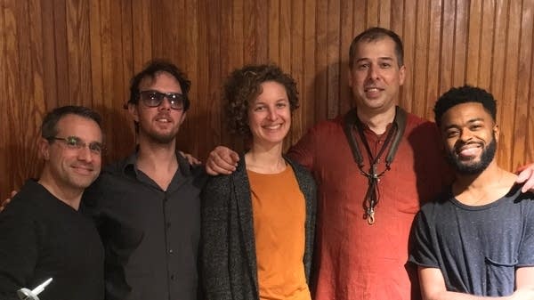 Luthra (second from right) and band with producer Jocelyn Frank (center)