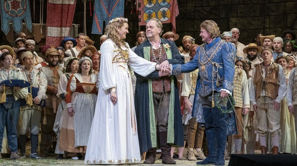 From left: Lise Davidsen as Eva, Michael Volle as Hans Sachs and Klaus Florian Vogt as Walther, photographed during a dress rehearsal of Wagners' Die Meistersinger von Nürnberg at the Met Opera on Oct. 19, 2021.