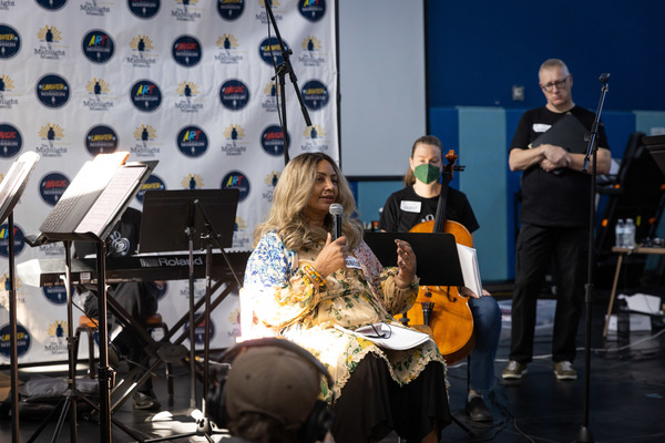 Longtime Skid Row resident Linda Leigh, speaking during a recent Street Symphony performance.